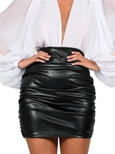 Pohullan Faldas plisadas de cuero sintético vintage para mujer, faldas de lápiz plegables, cintura alta, mini faldas cortas sexys, Negro, XXXL