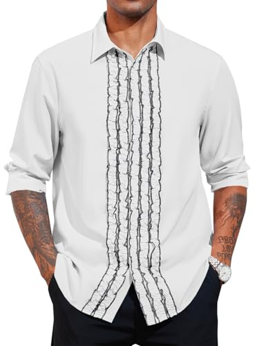 Runcati Mens Ruffle Tuxedo Shirt 80s Medieval Retro Costume Tops Long Sleeve Party Dinner Dress Shirts White