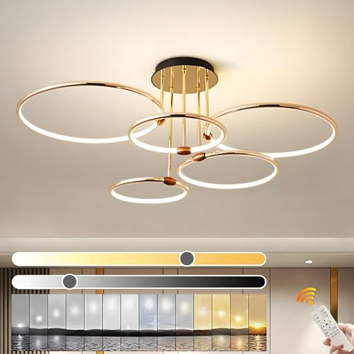 YYUTLUO LED Taklampa, Ø93cm Guld Metall Cirkel Ljuskrona, 108W Steglös Dimbar 3000-6000K, Modern Rund Galvaniserad Pendel, Sovrum Vardagsrum Barn Kontor Arbetsrum Kök Hall(5 Ring)