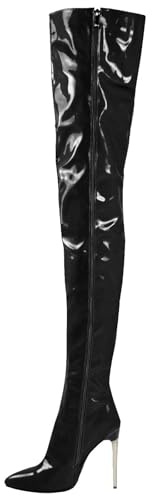FGRID Cuissardes en Cuir Verni pour Femmes, Talons Aiguilles Sexy au-Dessus du Genou, Bottes Longues de soirée à Bout Pointu en PU avec Fermeture éclair latérale Grande Taille