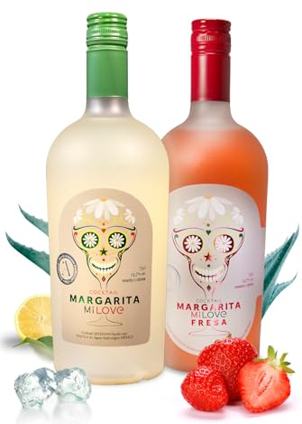 MiLove Margarita Clásico y Fresa – Cóctel Premium, artesano y natural – Pack 2 botellas elaborado con Tequila de Agave Azul (México), limón, fresa y licor triple seco – 2x75 cl.