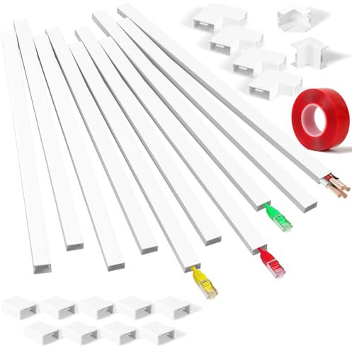 Canaleta Cables Pared Adhesivo (10 Piezas de 40 cm. - 20x10 mm) - Canaletas para Cables Adhesivas con Cinta Adhesiva de Espuma Listo para Montar en la Pared, Canales para Cables de TV