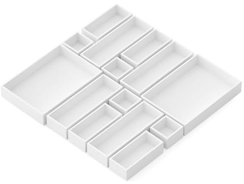 SpaceAid 14-Piece Bamboo Drawer Organizer Storage Boxes Set, Wood Tray Junk Drawer Organizers Multi-Use Divider Bins for Kitchen, Bathroom, Office Desk and Makeup Organization (14 Pack, White)