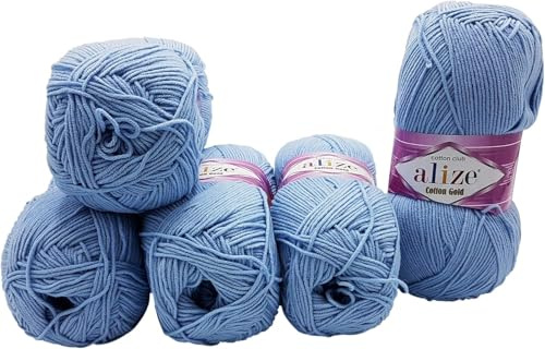 500g Strickwolle Ilkadim Export Cotton gold einfarbig, 5 x 100g Strickgarn mit 55% Baumwolle, uni (blau 40)