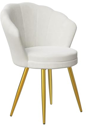 Rcynview Esszimmerstuhl, Gepolsterter Sessel mit Blütenblatt-Rückenlehne, Lehnstuhl mit Metallbeinen Gold, Esszimmerstuhl Polstersessel Sitzfläche für Esszimmer Wohnzimmer Küche, Blumenform Weiß
