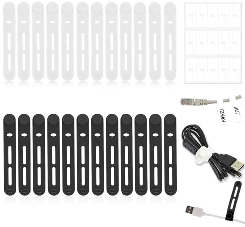 Wiederverwendbare Kabelbinder, 24 Stück verstellbare Kabelbinder aus Silikon, 30 Stück P-förmige Kabeletiketten-Organizer für Kopfhörer, Telefonladegeräte, Audiokabel (Schwarz und Weiß)
