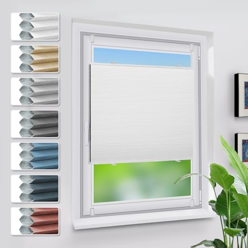 Grandekor Verdunklungsplissee Wabenplissee ohne Bohren Weiß-Weiß 65x110cm (BxH) Klemmfix Plissee ohne Bohren Verdunkelung Thermo Rollo Wärmedämmung, Privatsphäre - & Sonnenschutz