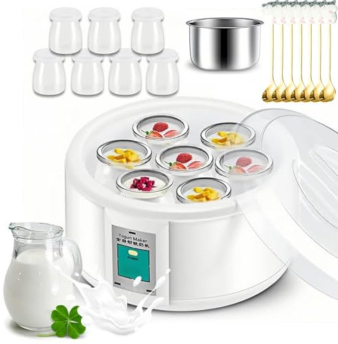 Yogurtera automática, 1,5 L, 15 W, con 7 tarros de Cristal de 3.4 FL oz y 1 Revestimiento de Acero Inoxidable, máquina de Yogur de Temperatura Constante para Yogur orgánico casero, Queso, natto
