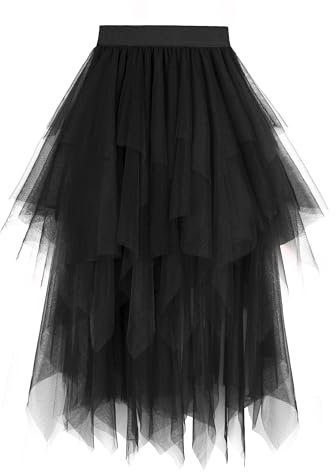 Dressever Damen Unregelmäßiger Tüllrock Mehrschichtiger Mesh Faltenrock A-Linie Hoher Taillierter Rock Ballett Tutu Abschlussball Party Karneval Party Rock Schwarz Small