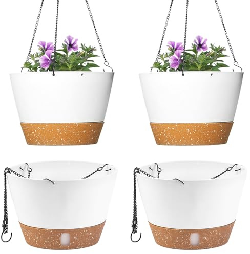 JJoexyfit Lot de 2 pots de fleurs suspendus pour plantes d'intérieur et d'extérieur avec plateau de niveau d'eau visible, trou de drainage, auto-arrosage pour jardin et maison (25,4 cm)