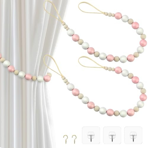 Poeland 2 Pieces Wood Bead Curtain Tiebacks, Boho Curtain Holder with Hooks, Curtain Tie Backs for Bedroom, Nursery, Dining Decoration (Pink & White)