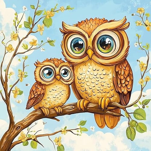 WallustrioaW Knüpfkissen Set Eule auf Ast,Knüpfkissen Set für Anfänger Erwachsene oder Kinder zum Selber Knüpfen,DIY Knüpfteppich Knüpfpackung,43x43cm