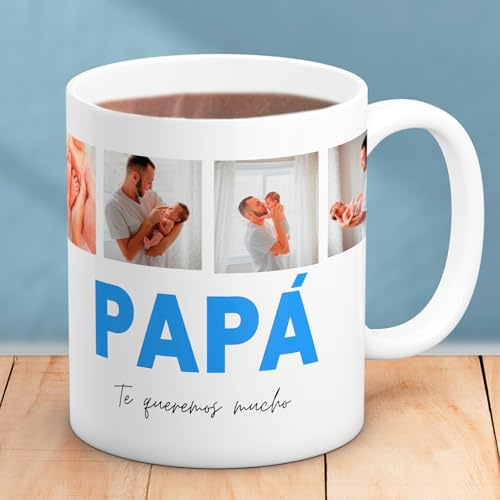 Cristal Plaque - Taza Cerámica Personalizada para Papá con 4 Fotos | Taza con Mensaje Papá, Te Queremos Mucho | Cerámica Premium y Asa Ergonómica | Regalo Día del Padre y Cumpleaños