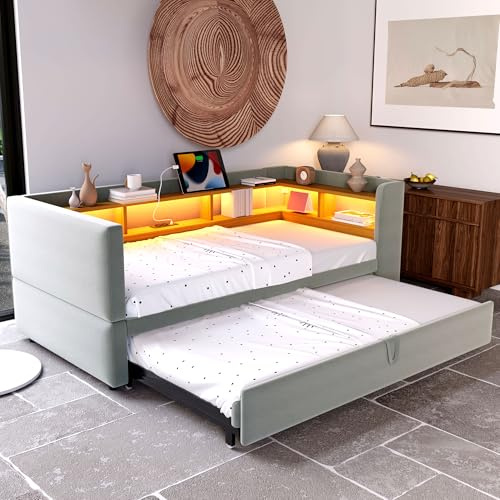 Polsterbett Ausziehbares Bett 90/180x190, Bettgestell mit LED Beleuchtung&Steckdosen&vielen Ablagefächern, Tagesbett Einzelbett Doppelbett Funktionsbett Gästebett, Flannelette, Ohne Matratze, Hellgrau