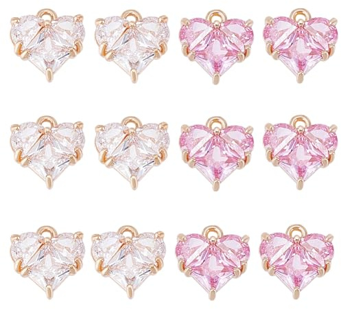 HOBBIESAY 12 Stück 2 Farben Strass Herzanhänger Vergoldet Messing Herzanhänger Glas Liebesanhänger Für Armband Halskette Ohrring Schmuckherstellung Loch:1.4mm