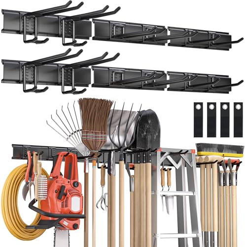 Garden Tool Organizer Wall Mount, 96 inches Tool Storage Rack with Adjustable Hooks, 600lbs Adjustable Heavy Duty Metal Hooks, Yard Shed Rack Holder System Hanging Rake Broom Mop Snowboard, Men Gift