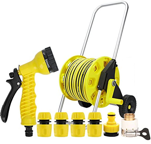 Carrello avvolgitubo da Giardino con Ruote e Tubo, Carrello portatubo da Giardino con connettori rapidi e ugello Regolabile (con Tubo da 20 m) (con Tubo da 80 m)