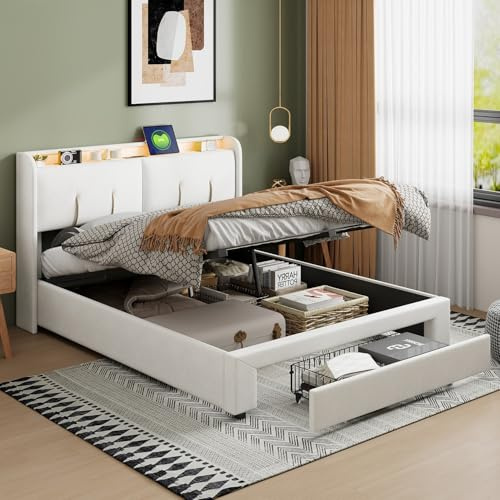 Polsterbett Doppelbett 160x200, Boxspringbett mit Schubladen am Fußende des Bettes, Schubladenbett mit hydraulischem Stauraum, Gepolstertes Jugendbett mit LED, USB-Aufladung, Samt (Weiß, 160 cm)
