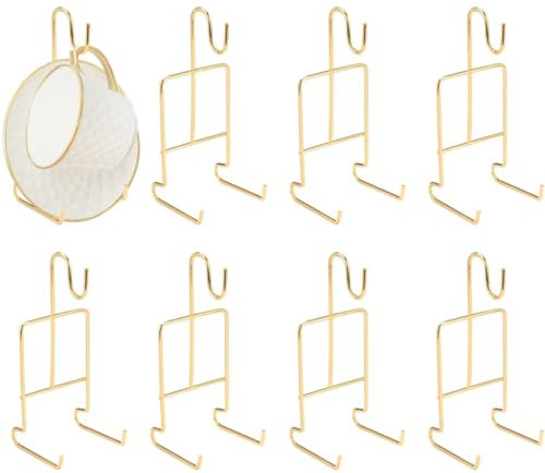 Juego de 8 soportes de metal para tazas de té y platillo, organizador de tazas de café dorado, soporte de exhibición de tazas de té