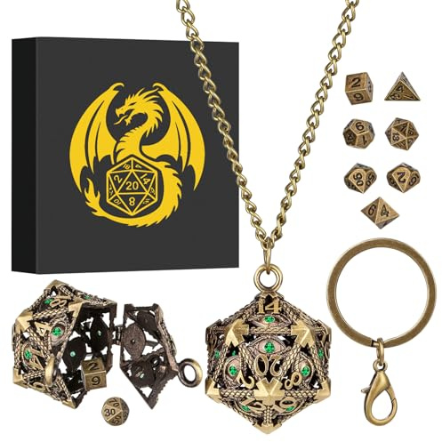 Mini Set di Dadi DND con Portachiavi Portatile, Collana, Gabbia Metallica Vuota D20 con Diamante Verde, Mini Set Poliédrici in Metallo da 7 Pezzi, Regali D&D con Scatola, Accessori per Giochi, Bronzo