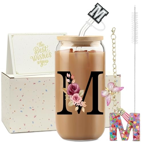 ZIOSINM Buchstaben Personalisierte Geschenke für Frauen, Glasbecher | Glasbecher mit Deckel & Strohhalm + Schlüsselanhänger Buchstabe, Geschenke für Frauen zum Geburtstag Weihnachten Valentinstag