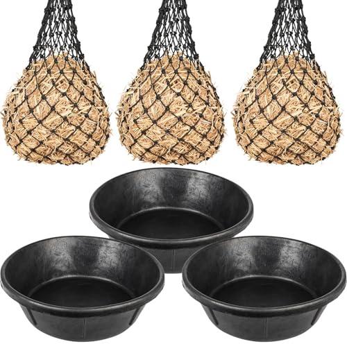 Gummi-Pferde-Futterpfannen-Set, 7 Stück, 6,5 l Näpfe mit 3 Stück 101,6 cm langsamen Heunetzen und 1 Bürste, strapazierfähiges, stapelbares, UV-beständiges Futterwannen-Set für Pferde, Schweine, Ziegen