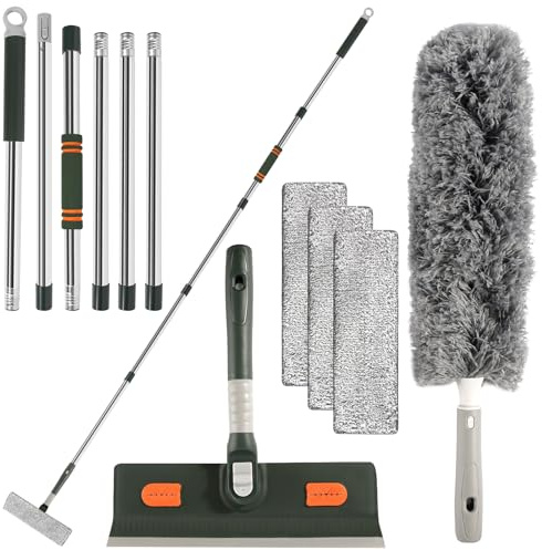 250 cm Fensterabzieher, Fensterreiniger mit Teleskopstiel Kopf und Teleskopstange, Teleskop Fensterwischer mit Silikonschaber und Mikrofaserschrubber Geeignet für Innen und Außenfenster