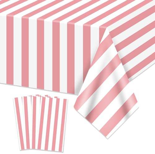 PIXHOTUL Lot de 4 nappes à rayures roses et blanches - Décoration de table en plastique pour vacances, anniversaire, fête prénatale, mariage - 130 x 220 cm