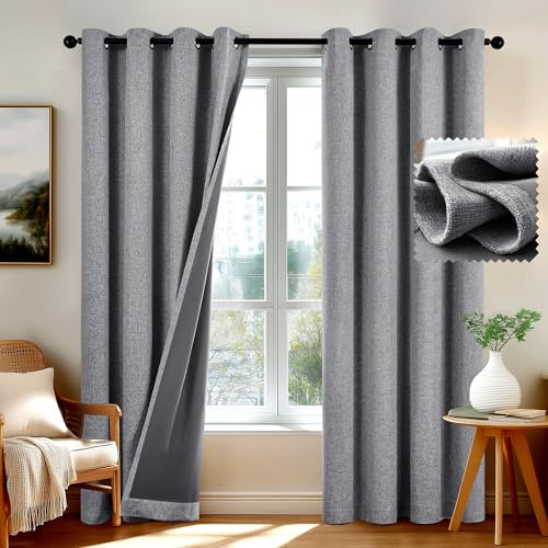 Deconovo Door Curtains 100% Blackout 84 Inch Drop Faux Linen Eyelet Thermal Curtains for Living Room with TPU Coating, Light Grey, W52 x L84 Inch 2 Panels