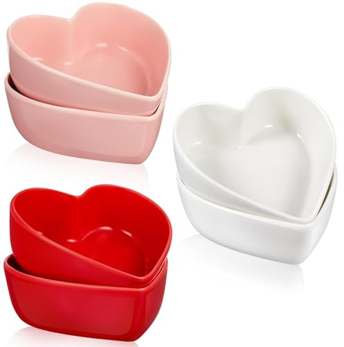 Skylety 6 Pcs Heart Shaped Bowls 4.5inch Cute Heart Ceramic Dessert Candy Bowl 3 Colors in Pink Red White Valentine Dish Salad Soup Snack Kitchenware for Kitchen Cooking Valentine Gifts