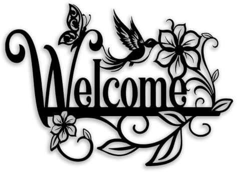 OPTYBVFD Welcome Sign Flower Butterfly Metal Wall Decor - Room Decor Wall Art Home Decor for Living Room, Outdoor, Garden, Farmhouse (Black)