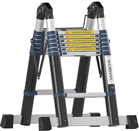 WORHAN® Echelle 4.4m Télescopique Aluminium Anodisé Modulable Pliable Polyvalente Escabeau Solide 440cm (4.4m A-Line) K4.4A
