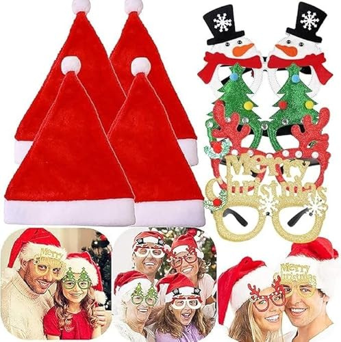 JeVenis 8PCS Weihnachtsmütze Weihnachtsbrille Weihnachtsmann Mütze Weihnachts Photo Booth Requisiten Weihnachtsfeier Zubehör Weihnachtsfeier Gefälligkeiten