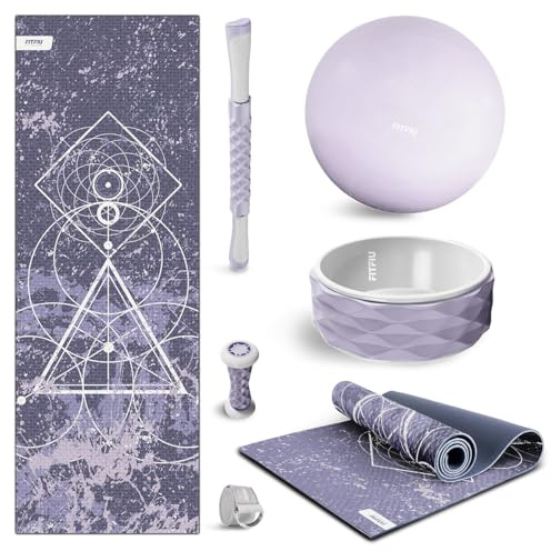 Fitfiu Fitness KITWELL-400 Pack de 4 Accesorios Yoga Pilates Color Lila con Esterilla, Bloque, Aro y Correa Incluye Guía de Ejercicios Wellness
