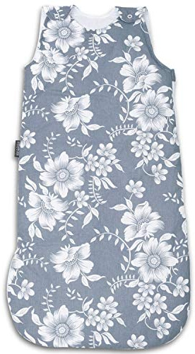 Baby Schlafsack Innenschlafsack für Neugeborene und Kleinkinder - aus 100% Baumwolle - ToG 2.5 - Ganzjährig Babyschlafsack für Sommer & Winter - Anpassbar 60/75 cm - Graue Blumen
