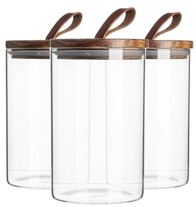 Argon Tableware Scandi Storage Jars with Leather Loop Lids - 1000ml - 3 Pack - Modern Round Organisation Container Glass Jar for Kitchens, Pantry, Bathrooms, Utility Rooms