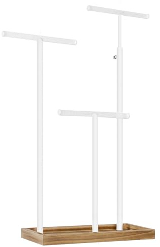 SONGMICS Schmuckständer, 2-in-1, Schmuckständer mit 3 T-Stangen aus Metall, mit Löchern, Tablett, höhenverstellbar, für Halsketten, Armbänder, Ohrringe, rustikales Braun und Weiß, JJS016W01
