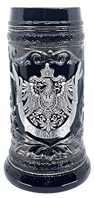 1 Liter | OktoberfestHaus Deutscher Adler Adler Krug Bierkrug für Männer Holzkohle Schwarz Keramik Bier mit Metall Emblem Bier Krug Sammlerstück Bierkrüge für Bierliebhaber Geschenk