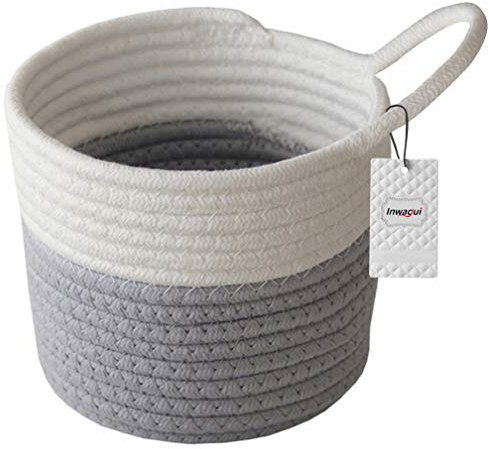 Inwagui Hängende Baumwollseilkörbe Kleiner gewebter Aufbewahrungskorb Organizer Dekorativer Korb für Schlafzimmer Badezimmer Büro, 16 * 14cm, Weiß&Grau