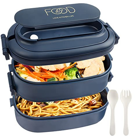 OITUGG Lunch Box 2 Strati - 1550ml Portapranzo per Adulti ufficio - Bento Box con Scomparti e Posate - Contenitori Porta Pranzo per Bambini Scuola, Senza BPA, Microonde, 19.2x11.5x12cm, Blu