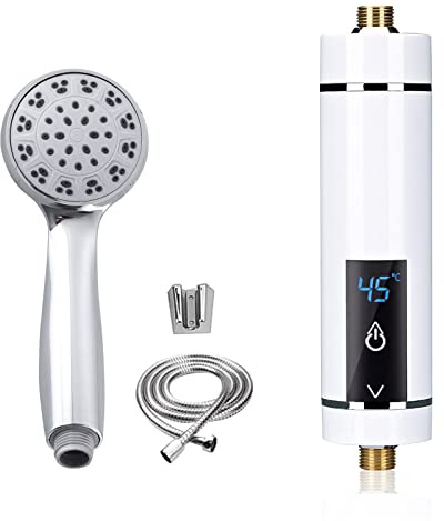 Mini Durchlauferhitzer Elektrische Durchlauferhitzer mit Bad Dusche Kit, Mini Instant Warmwasserbereiter Durchlauferhitzer Tankless für Badezimmer Küche, ohne Stecker (Weiß-5500W mit Duschset)