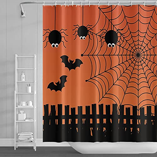 SDOTPMT 165x183cm Halloween Tenda da doccia Nero Ragno Ragnatela Tenda da doccia cartone animato Nero Ragno pipistrelli Halloween Orrore Pauroso Tenda da vasca per Bagno Poliestere con ganci