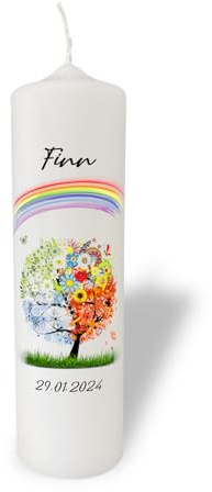 Taufkerze 4 Jahreszeiten Baum mit Regenbogen