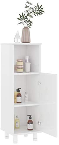 Gecheer Badezimmerschrank mit 3 Fächern 1 Tür Midischrank Badschrank Badregal Badmöbel Schrank Badezimmer Regal Holzwerkstoff Hochglanz-Weiß 30x30x95 cm