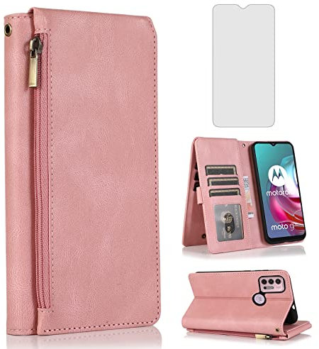Funda tipo cartera compatible con Moto G30/G20/G10/10 Power 2021, protector de pantalla de vidrio templado, con cremallera, de piel, con tarjetero, para MotoG30, MotoG20, MotoG10, Motorola G 30 20