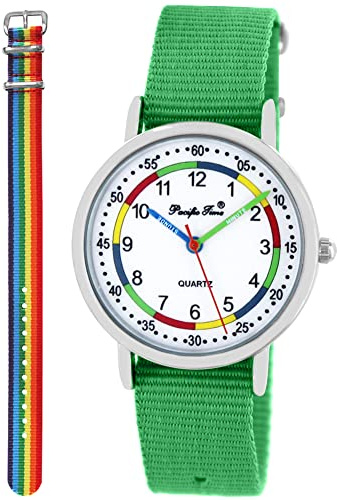 Pacific Time Kinderuhr Lernuhr Mädchen Jungen Geschenk-Set 2 Armbänder | Wechselarmband, Lernzifferblatt 1–12/05–60 Min., 5 ATM wasserdicht, Geschenk zur Einschulung, Geburtstag und Weihnachten.