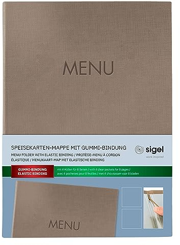 SIGEL Speisekartenmappe A4 mit Gummibindung Beige | SM210, Strapazierfähig, abwischbar und pflegeleicht