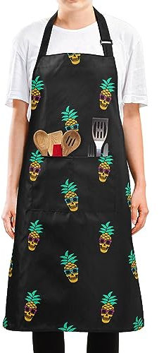 FRODOTGV Coole Schürze mit Totenkopf-Ananas mit Sonnenbrille, wasserabweisend, mit 2 Taschen, für Damen und Herren, langlebig, für Garten, Kochschürze, ölbeständig, zum Zeichnen, Grillen, Restaurant,
