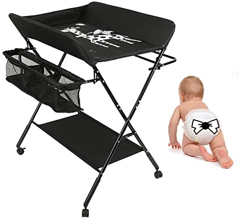 Fasciatoio Pieghevole per Neonato con Struttura Stabile,Fasciatoio per Bambini, Salva Spazio, per Cambio Pannolino,4 ruote con freno,Fasciatoio Portatile con Scomparti Portaoggetti (80*66*98cm-Nero)