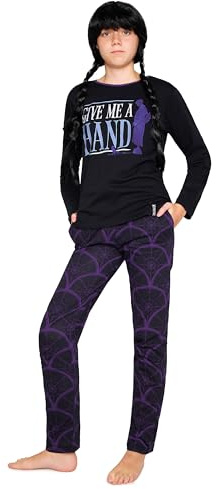 Wednesday Girls Pyjamas - Nightwear Long Sleeve & Bottoms PJs Lounge Set for Girls and Teenagers 7-16 Years Girls Gifts (Black/Hand, 15-16 Years)